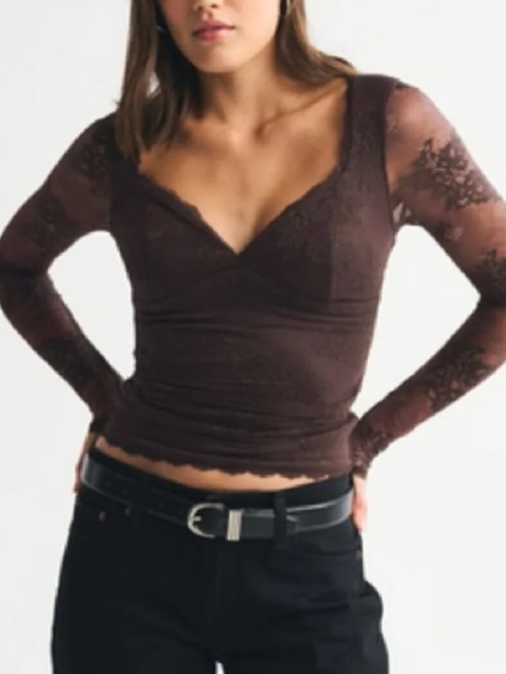 Abercrombie & Fitch A&F Zoe Bra-Free Long-Sleeve Lace Top